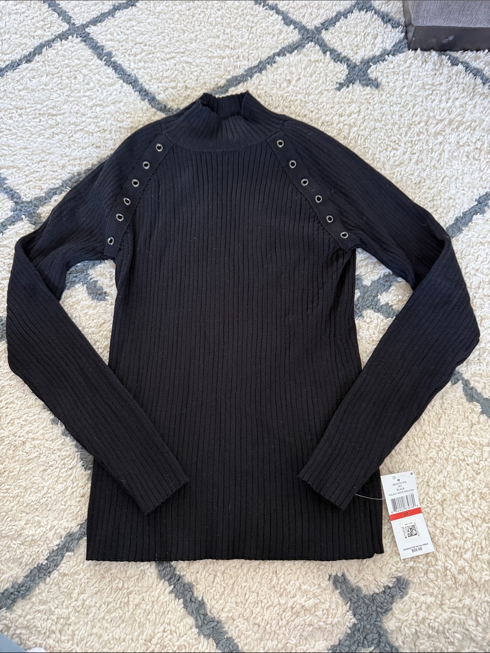 Fever Black Ribbed Turtleneck Sweater with Grommet Detail XS NEW